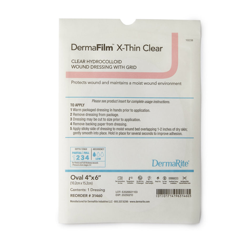 DermaFilm Thin Hydrocolloid Dressing, 4 x 6 Inch Oval-Thin Hydrocolloid Dressing DermaFilm Film Backing 4 X 6 Inch Oval Hydrocolloid / Film