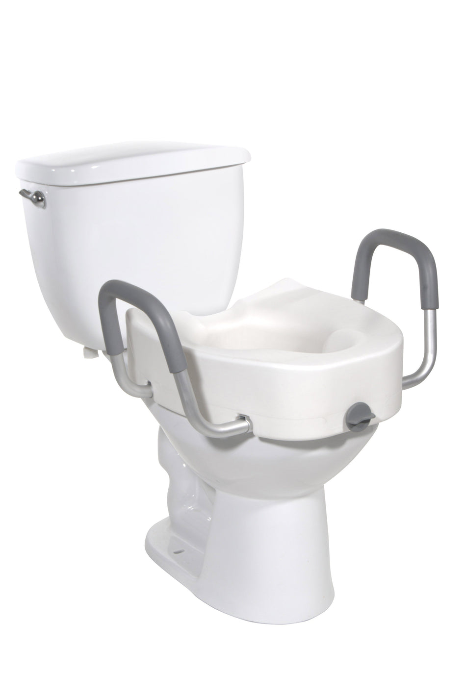 drive� Premium Elongated Toilet Seat with Lock-Elongated Raised Toilet Seat with Arms drive� 4-1/2 Inch Height White 300 lbs. Weight Capacity