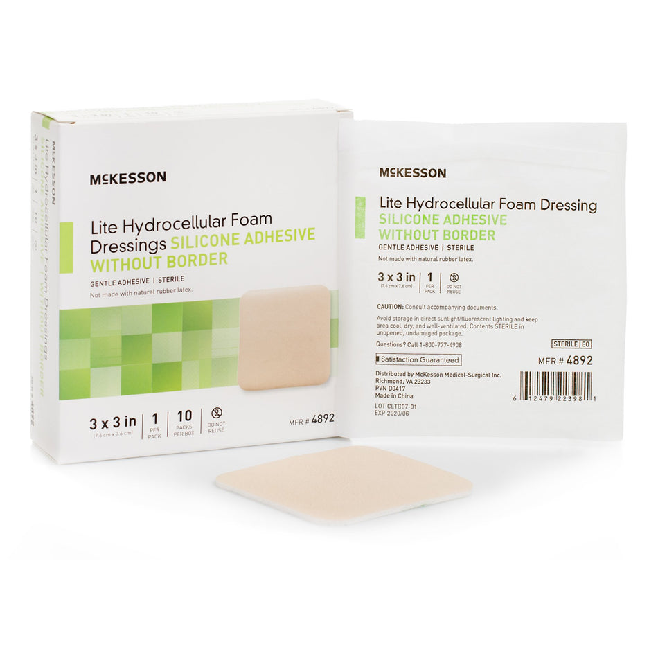 McKesson Lite Silicone Gel Adhesive without Border Thin Silicone Foam Dressing, 3 x 3 Inch-Thin Foam Dressing McKesson Lite 3 X 3 Inch Without Border Film Backing Silicone Gel Adhesive Square Sterile