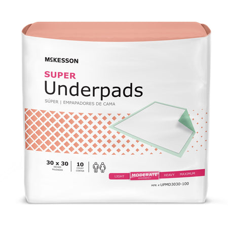 McKesson Super Moderate Absorbency Underpad, 30 x 30 Inch-Disposable Underpad McKesson Super 30 X 30 Inch Fluff / Polymer Moderate Absorbency