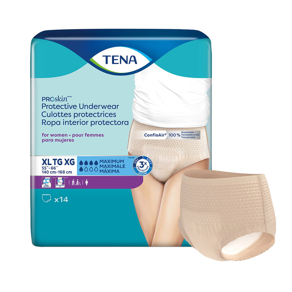 Tena ProSkin Maximum Absorbent Underwear for Women, Extra Large-Female Adult Absorbent Underwear TENA ProSkin Protective Pull On with Tear Away Seams X-Large Disposable Moderate Absorbency