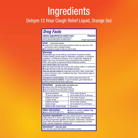 Delsym Dextromethorphan Cold and Cough Relief-Cold and Cough Relief Delsym 30 mg / 5 mL Strength Liquid 5 oz.