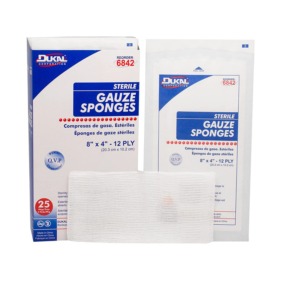 Gauze Sponge Dukal™ 4 X 8 Inch 2 per Pack Sterile 12-Ply Rectangle