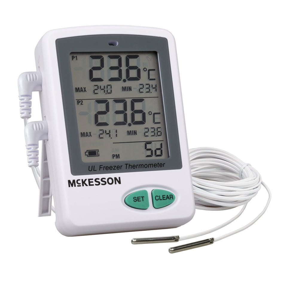 Ultra-Low Temperature Data Logger with Alarm McKesson Fahrenheit / Celsius -112° to +158°F (-80° to +70°C) 2 Stainless Steel Probes Flip-out Stand Battery Operated