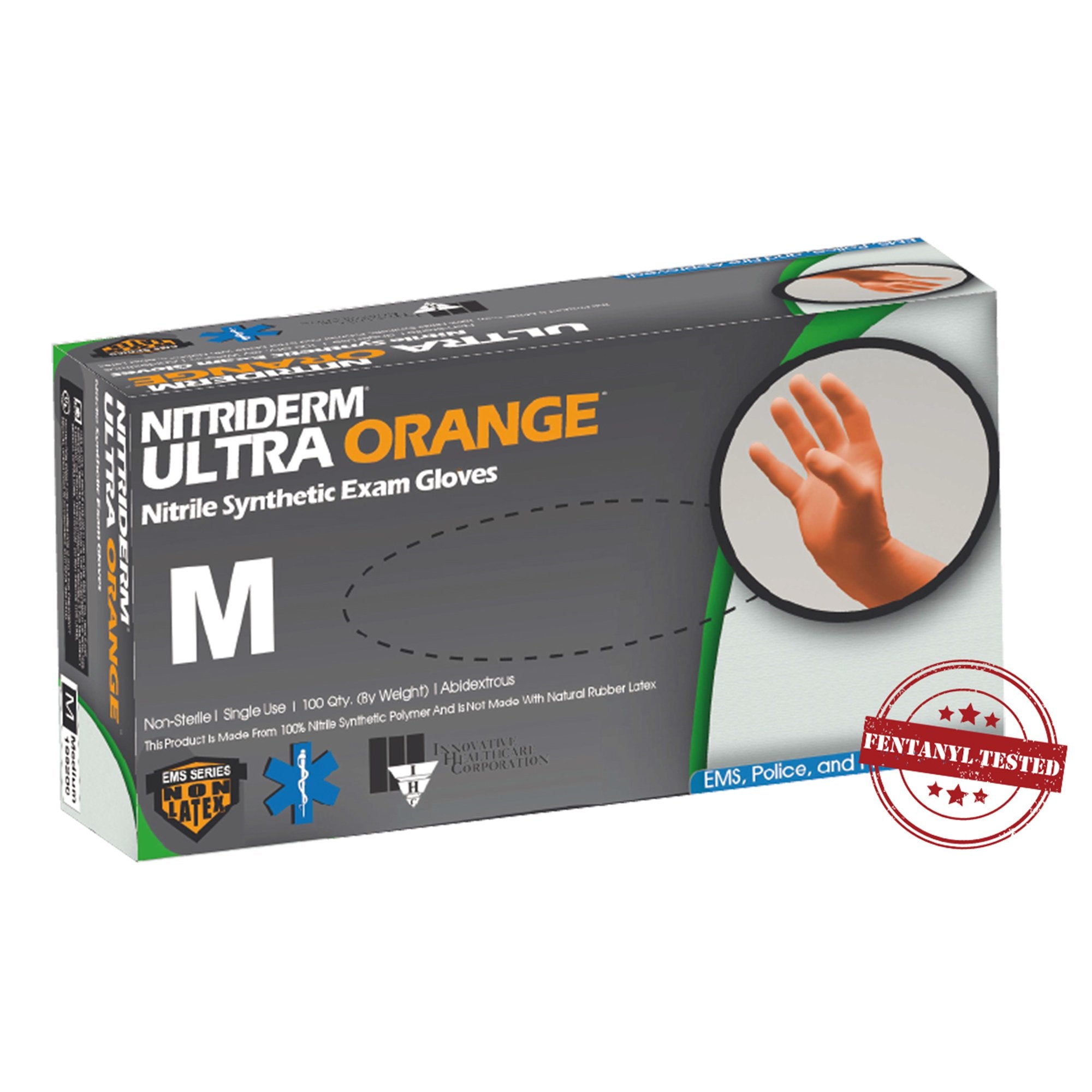 NitriDerm Ultra Orange Nitrile Exam Glove, Medium, Orange-Exam Glove NitriDerm Ultra Orange Medium NonSterile Nitrile Standard Cuff Length Fully Textured Orange Chemo Tested / Fentanyl Tested