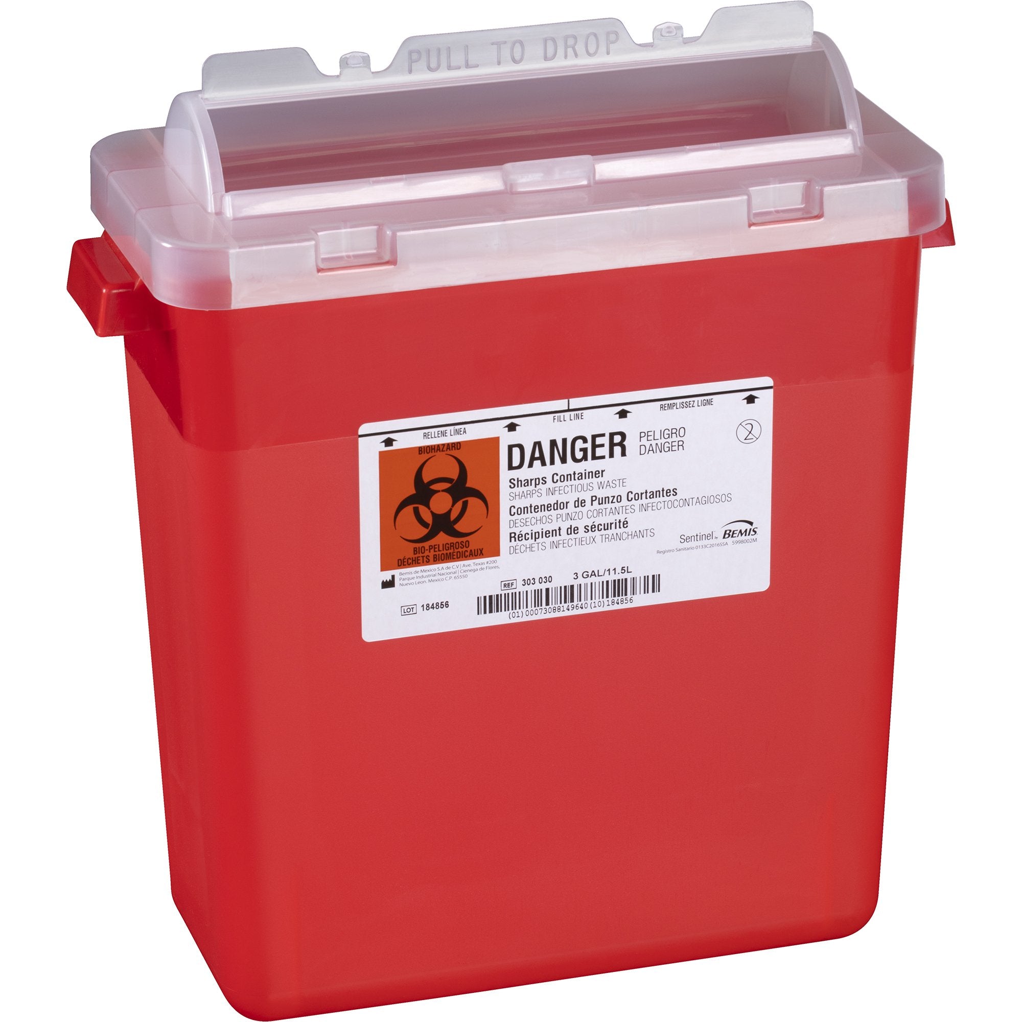 Bemis Sentinel Multi-purpose Sharps Container, 3 Gallon, 15 x 13-7/8 x 6-7/8 Inch-Sharps Container Bemis Sentinel Translucent Red Base 15 H X 13-7/8 L X 6-7/8 W Inch Horizontal Entry 3 Gallon