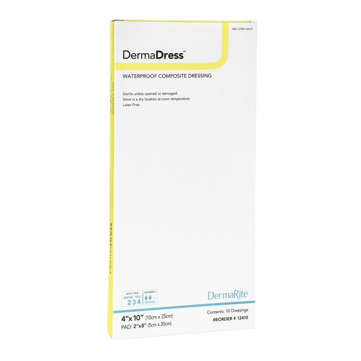 DermaDress Composite Dressing, 4 x 10 Inch-Composite Dressing DermaDress 4 X 10 Inch Rectangle Sterile Waterproof Film Backing