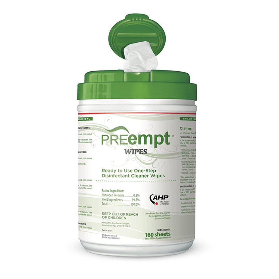 PREempt Surface Disinfectant Cleaner Wipes-PREempt Surface Disinfectant Cleaner Premoistened Cleanroom Manual Pull Wipe 160 Count Canister Unscented NonSterile
