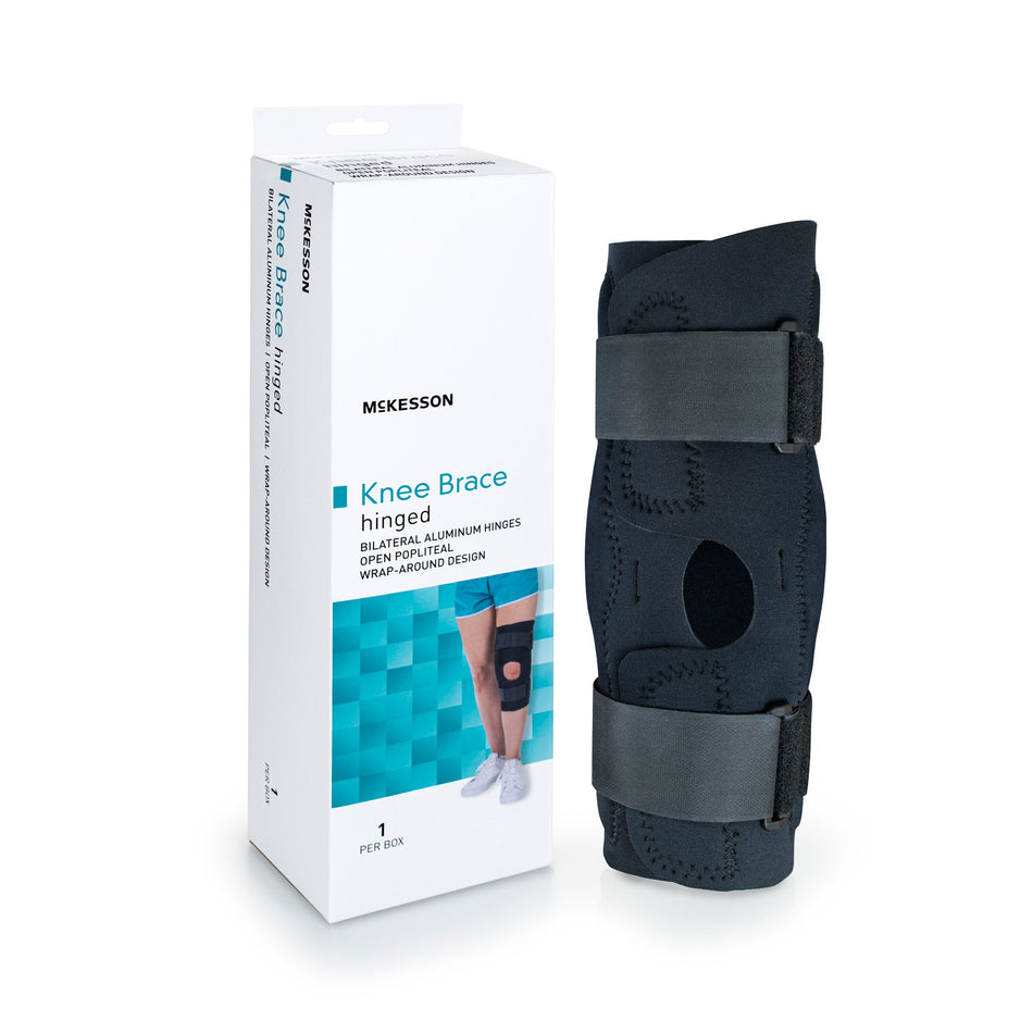 McKesson Hinged Knee Brace, Medium-Knee Brace McKesson Medium Wraparound / Hook and Loop Strap Closure with D-Rings 18 to 20-1/2 Inch Circumference Left or Right Knee