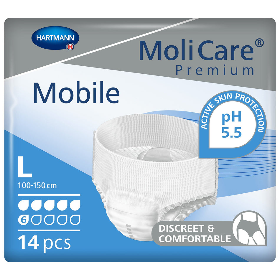 MoliCare Premium Mobile 6 Drop Absorbency Incontinence Underwear, Large-Unisex Adult Absorbent Underwear MoliCare Premium Mobile 6D Pull On with Tear Away Seams Large Disposable Moderate Absorbency