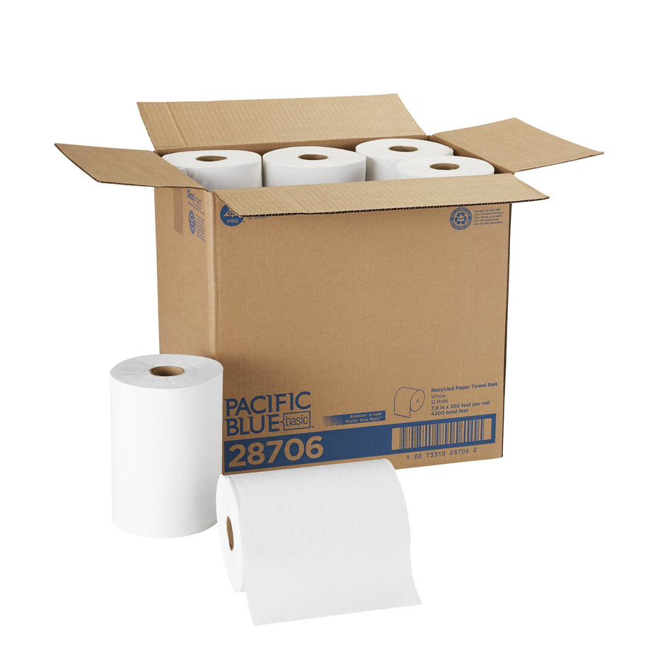 Pacific Blue Basic White Paper Towel, 7-7/8 Inch x 350 Foot, 12 Rolls per Case-Paper Towel Pacific Blue Basic Hardwound Roll 7-7/8 Inch X 350 Foot