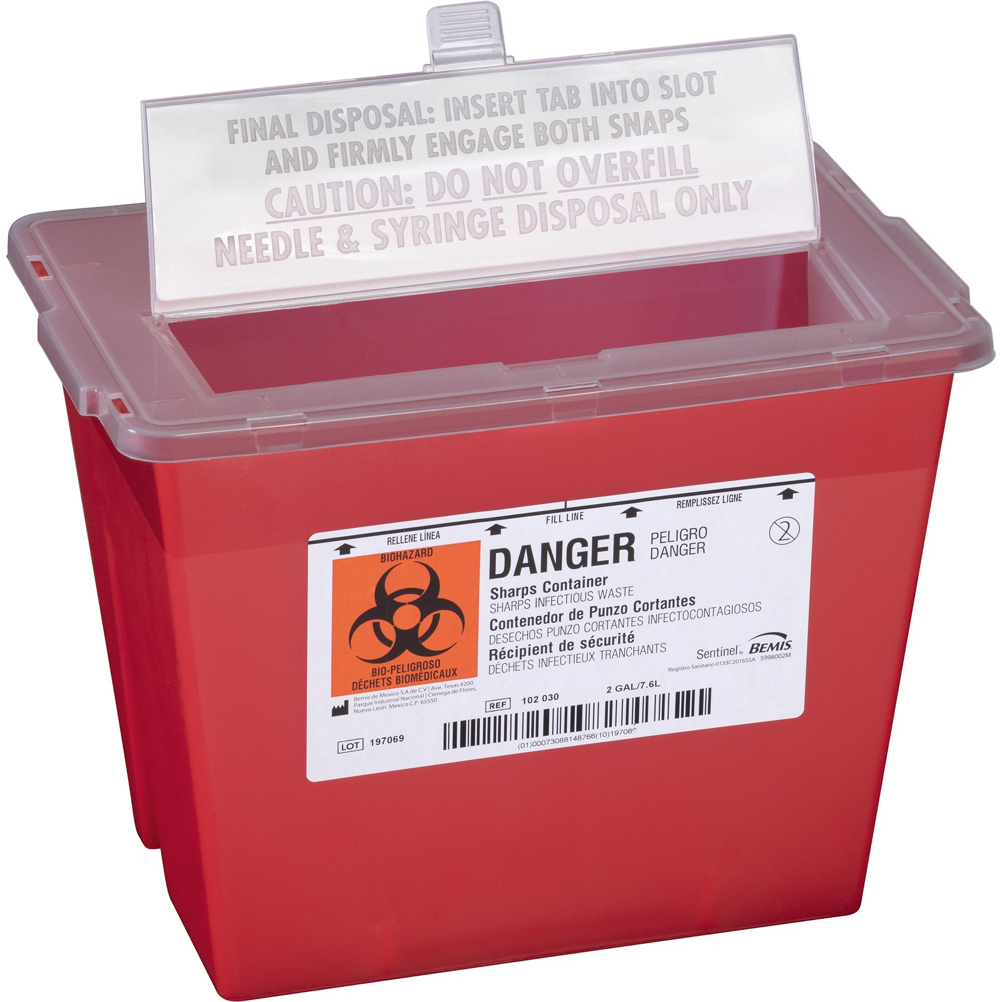 Bemis Sentinel Sharps Container, 2 Gallon, 8-5/8 x 11-5/8 x 7-3/4 Inch-Sharps Container Bemis Sentinel Translucent Red Base 8-5/8 H X 11-5/8 L X 7-3/4 W Inch Horizontal Entry 2 Gallon
