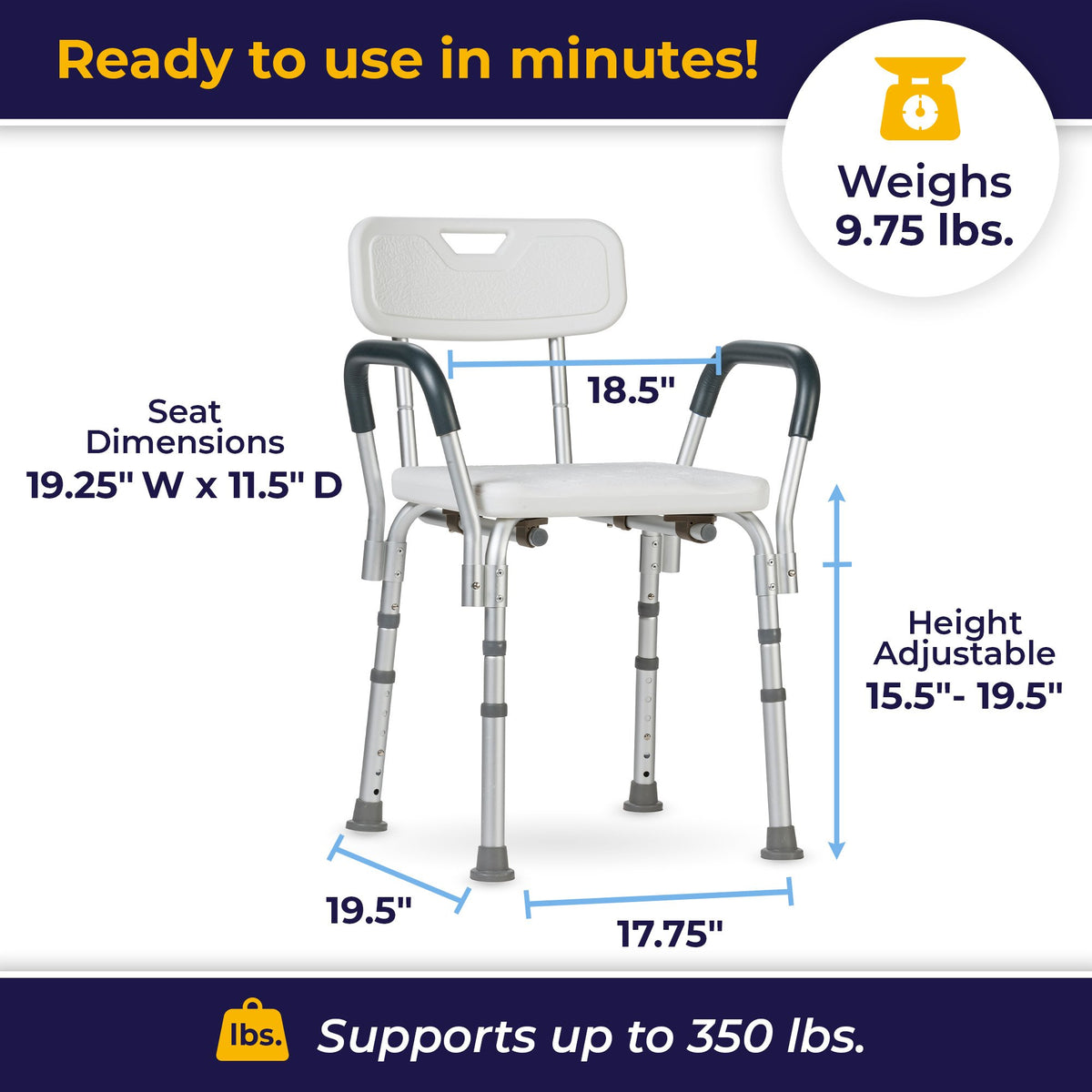 drive Shower Chair with Back and Removable Padded Arms-Bath Bench drive Padded Removable Arms Aluminum Frame With Backrest 16 Inch Seat Width 300 lbs. Weight Capacity