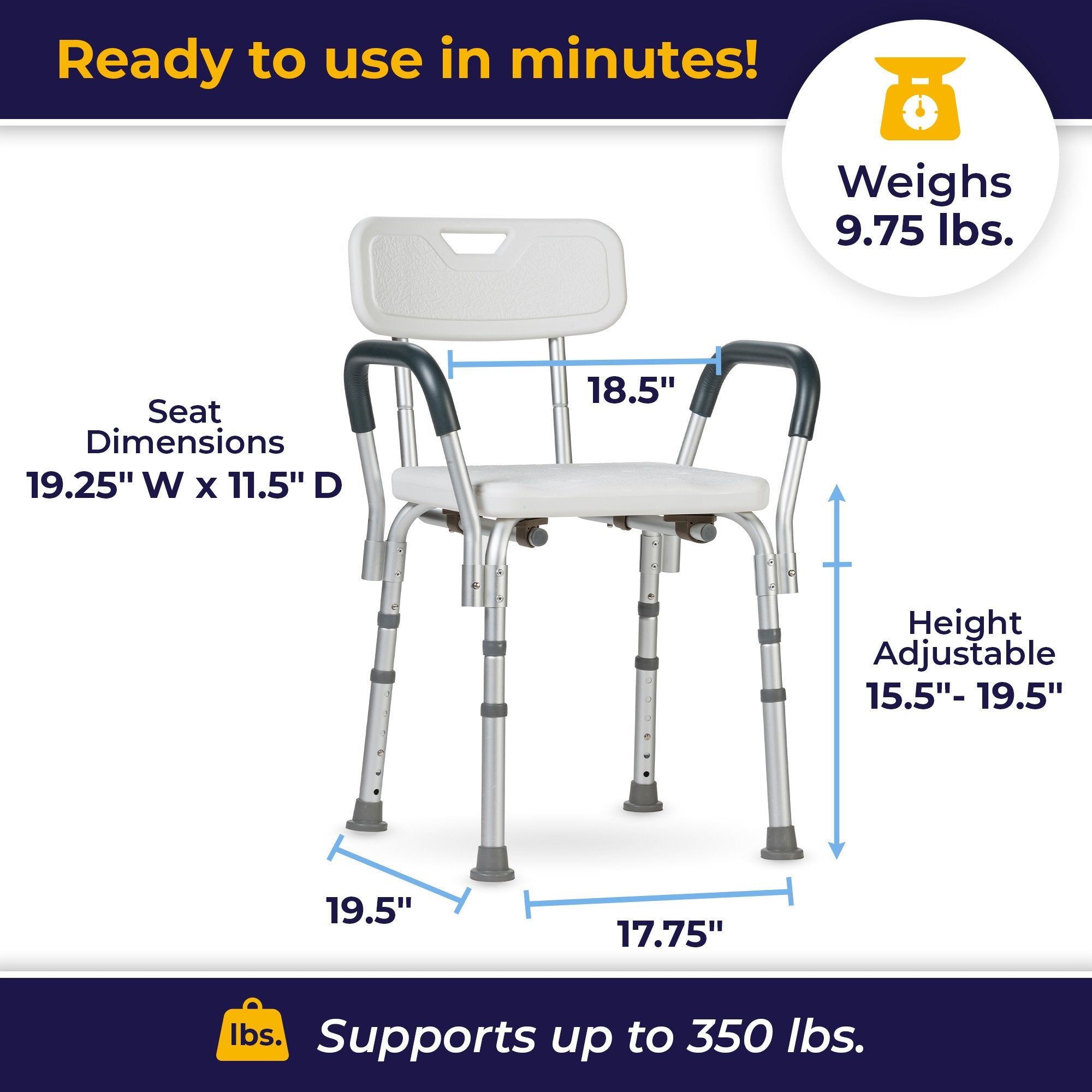 drive Shower Chair with Back and Removable Padded Arms-Bath Bench drive Padded Removable Arms Aluminum Frame With Backrest 16 Inch Seat Width 300 lbs. Weight Capacity