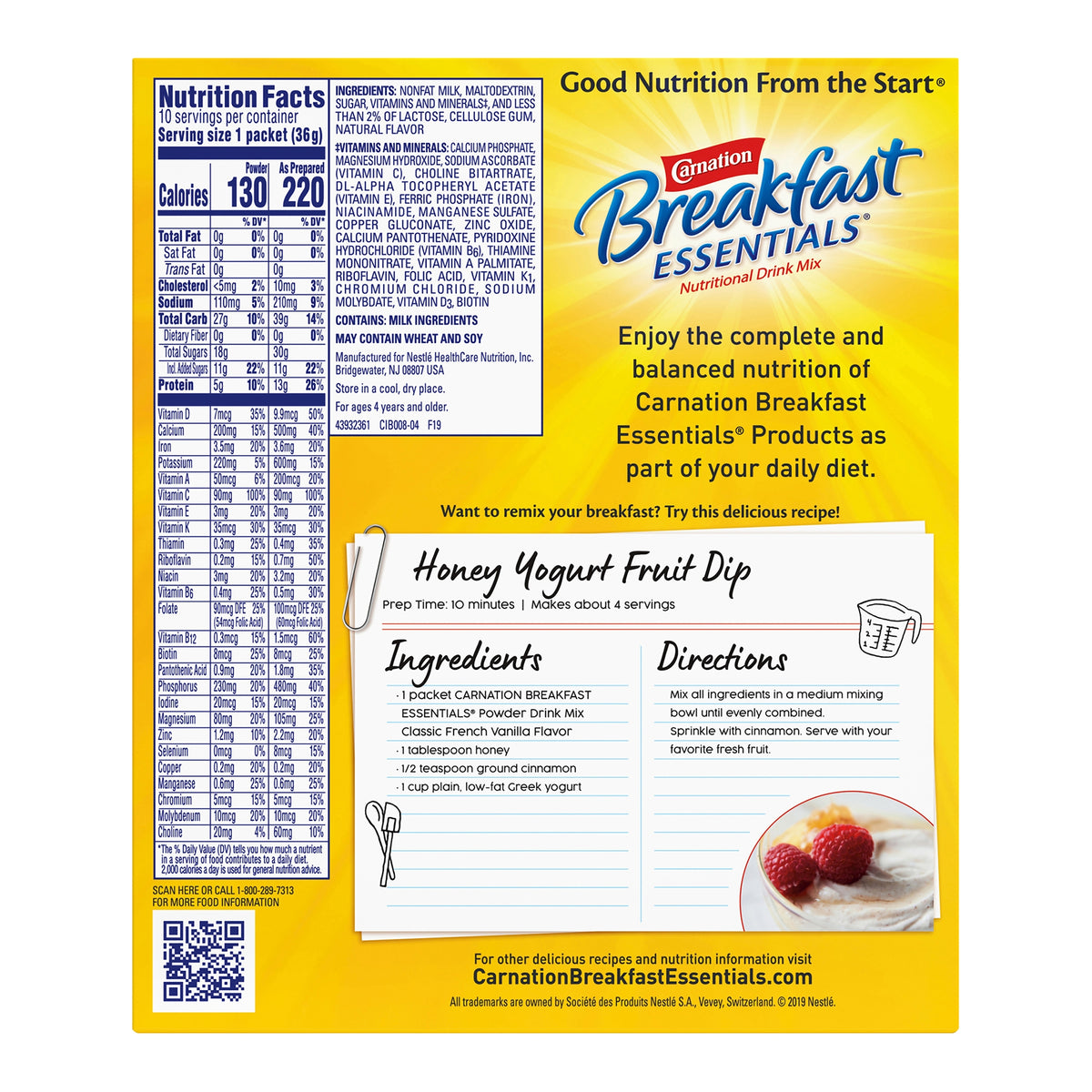 Carnation Breakfast Essentials Vanilla Nutritional Drink-Oral Supplement Carnation Breakfast Essentials French Vanilla Flavor Powder 1.26 oz. Individual Packet