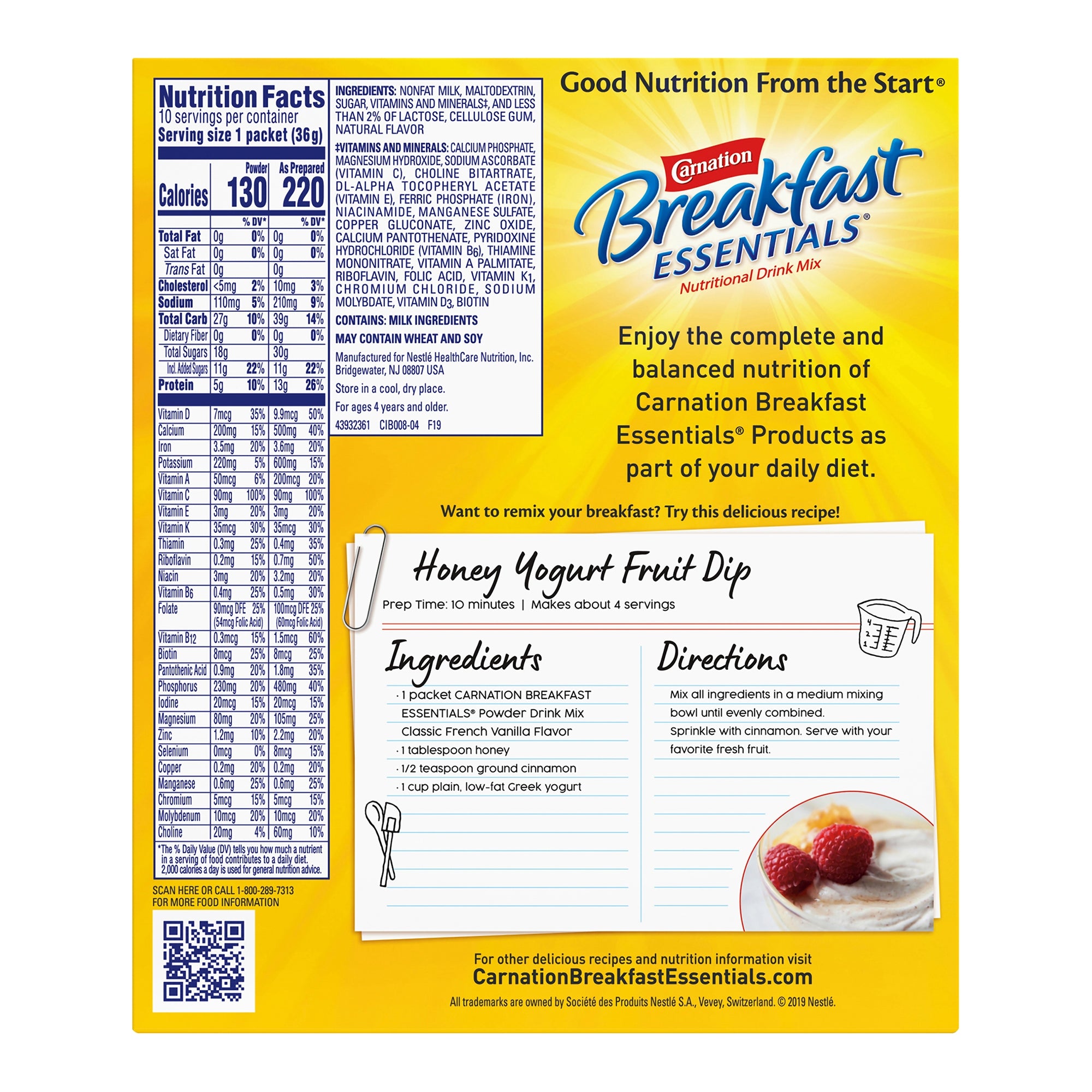 Carnation Breakfast Essentials Vanilla Nutritional Drink-Oral Supplement Carnation Breakfast Essentials French Vanilla Flavor Powder 1.26 oz. Individual Packet