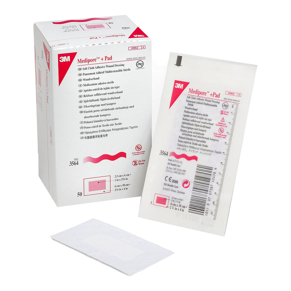 3M� Medipore +Pad Soft Cloth Dressings, 2-3/8 x 4 Inch, White-Composite Dressing 3M� Medipore� 2-3/8 X 4 Inch Rectangle Sterile Nonwoven Backing