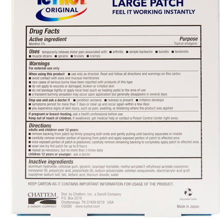 Icy Hot Original Pain Relief Patches, Large-Topical Pain Relief Icy Hot 5% Strength Menthol Patch 5 per Box