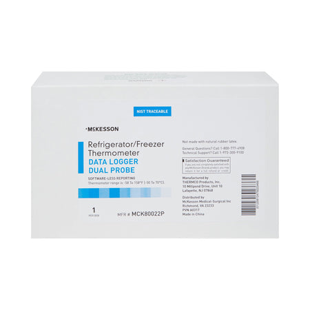 Datalogging Refrigerator / Freezer Thermometer with Alarm McKesson Fahrenheit / Celsius -58° to +158°F (-50° to +70°C) 2 Glycol Bottle Probes / Internal Sensor Flip-out Stand Battery Operated
