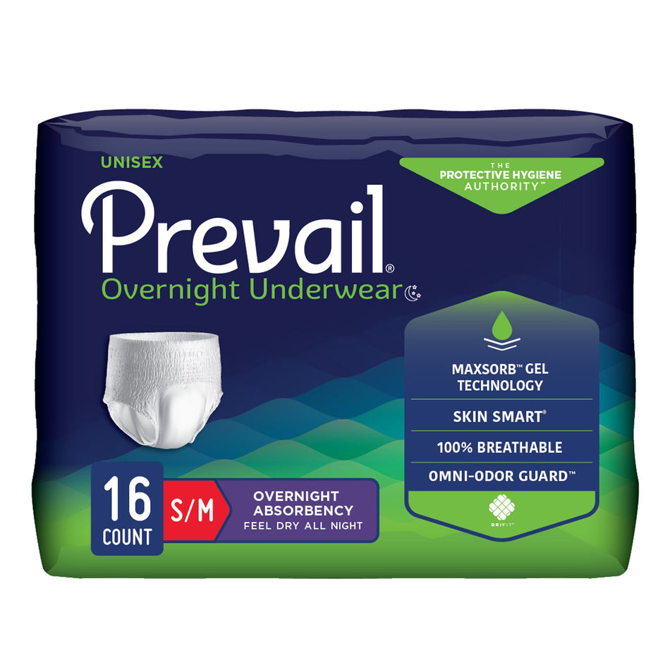 Prevail Overnight Absorbent Underwear, Small-Unisex Adult Absorbent Underwear Prevail Overnight Pull On with Tear Away Seams Small / Medium Disposable Heavy Absorbency