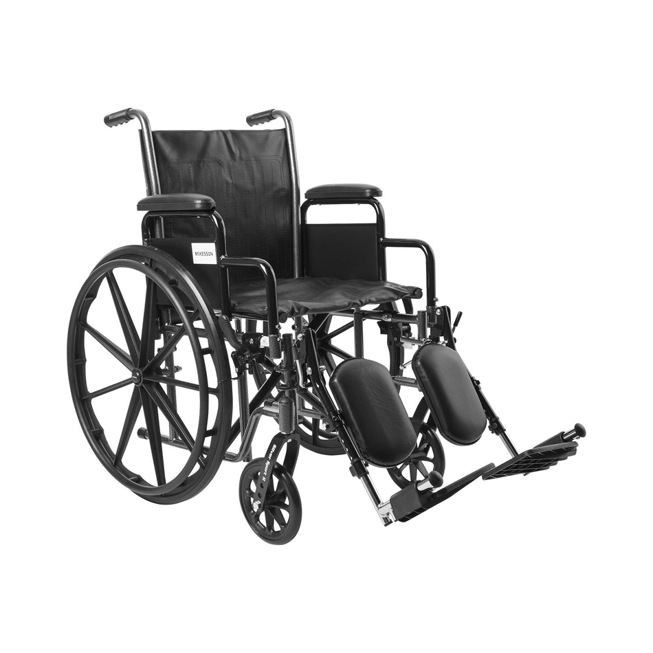 McKesson Wheelchair, 18 Inch Seat Width-Wheelchair McKesson Dual Axle Desk Length Arm Swing-Away Elevating Legrest Black Upholstery 18 Inch Seat Width Adult 300 lbs. Weight Capacity
