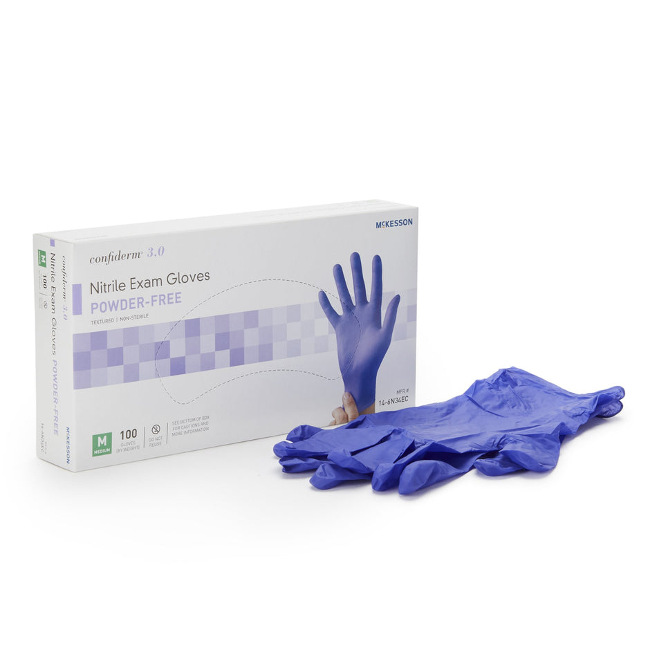 McKesson Confiderm 3.0 Nitrile Exam Glove, Medium, Blue-Exam Glove McKesson Confiderm 3.0 Medium NonSterile Nitrile Standard Cuff Length Textured Fingertips Blue Not Rated