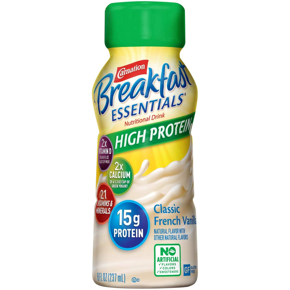 Carnation Breakfast Essentials High Protein Vanilla Nutritional Drink, 8-ounce bottle-Oral Supplement Carnation Breakfast Essentials High Protein Classic French Vanilla Flavor Liquid 8 oz. Bottle
