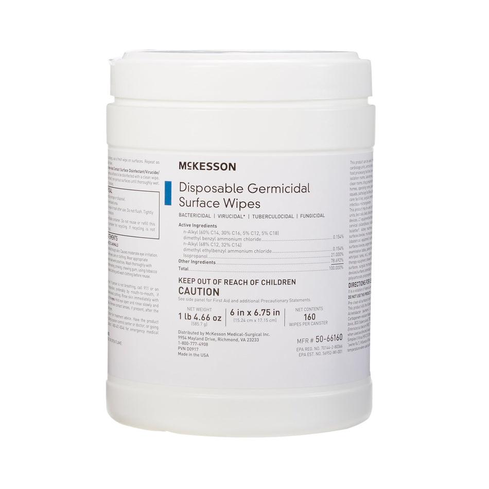 McKesson Germicidal Large Surface Disinfectant Wipes, Canister, 160 ct.-McKesson Surface Disinfectant Premoistened Manual Pull Wipe 160 Count Canister Alcohol Scent NonSterile