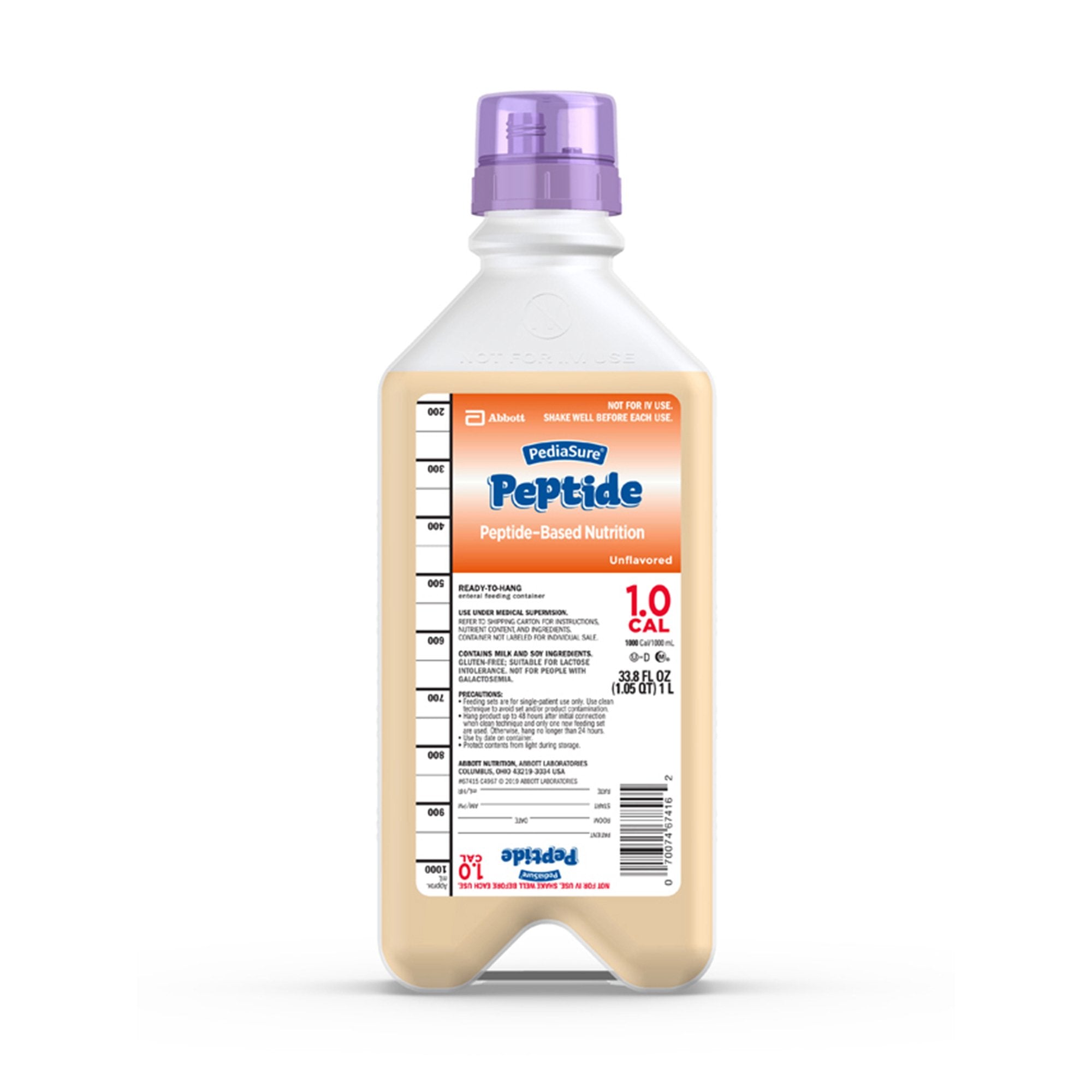 PediaSure Peptide 1.0 Cal Peptide-Based Nutrition, 33.8-ounce ready-to-hang bottle-Pediatric Oral Supplement PediaSure Peptide 1.0 Cal Unflavored 33.8 oz. Bottle Liquid Peptide Malabsorption / Maldigestion