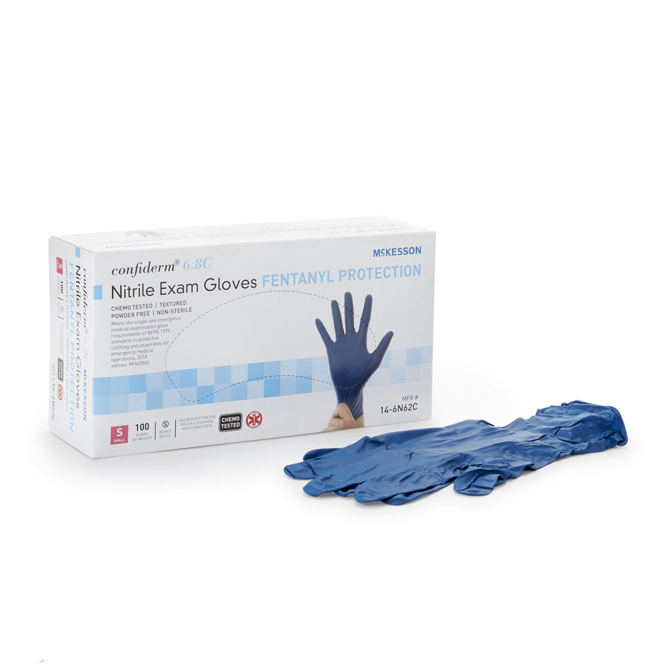 McKesson Confiderm 6.8C Nitrile Exam Glove, Small, Blue-Exam Glove McKesson Confiderm 6.8C Small NonSterile Nitrile Standard Cuff Length Textured Fingertips Blue Chemo Tested / Fentanyl Tested