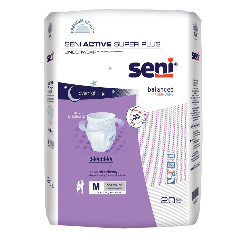 Seni Active Super Plus Overnight Heavy Absorbent Underwear, Medium-Unisex Adult Absorbent Underwear Seni Active Super Plus Pull On with Tear Away Seams Medium Disposable Heavy Absorbency