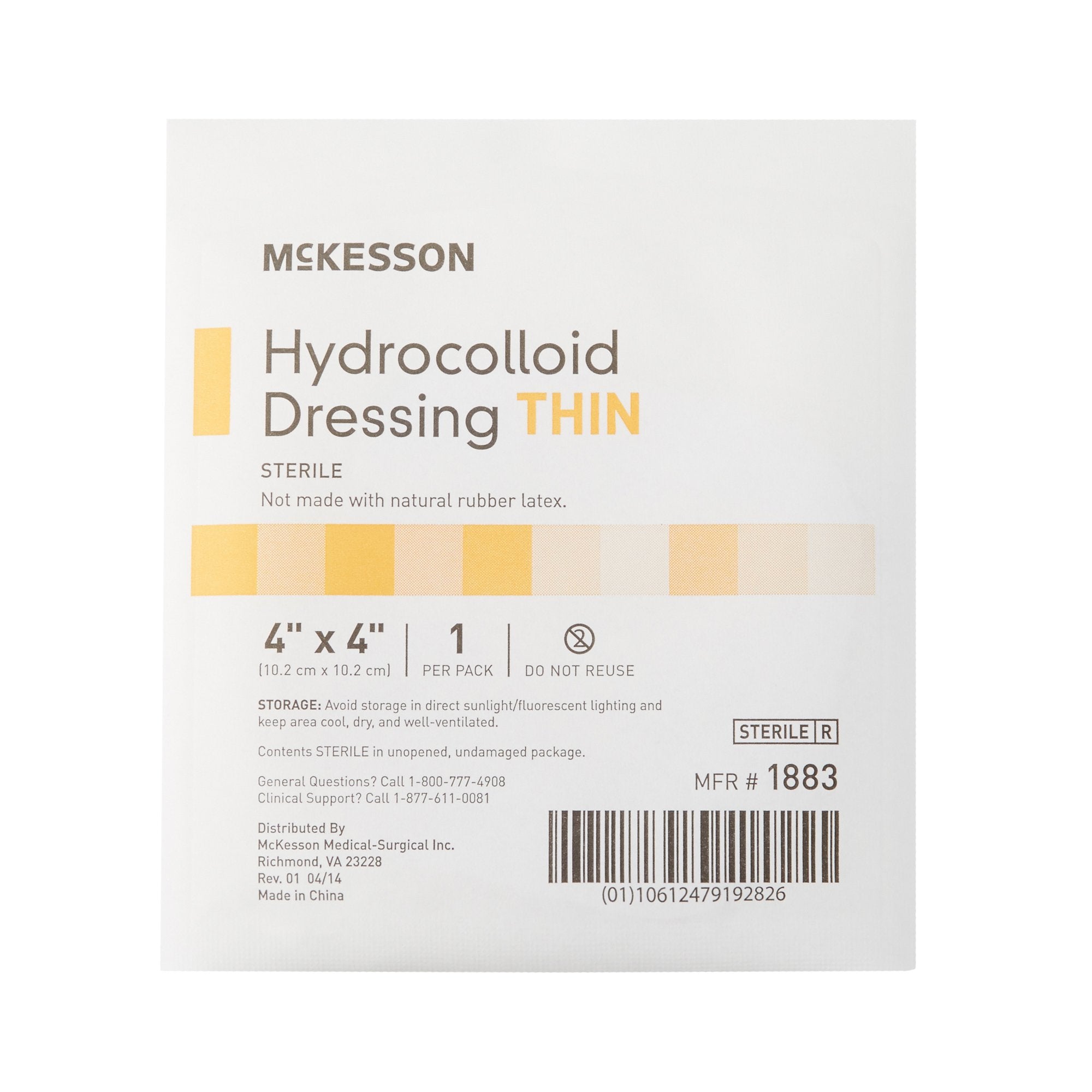 McKesson Hydrocolloid Dressing, 4 x 4 Inch-Thin Hydrocolloid Dressing McKesson Film Backing 4 X 4 Inch Square Hydrocolloid