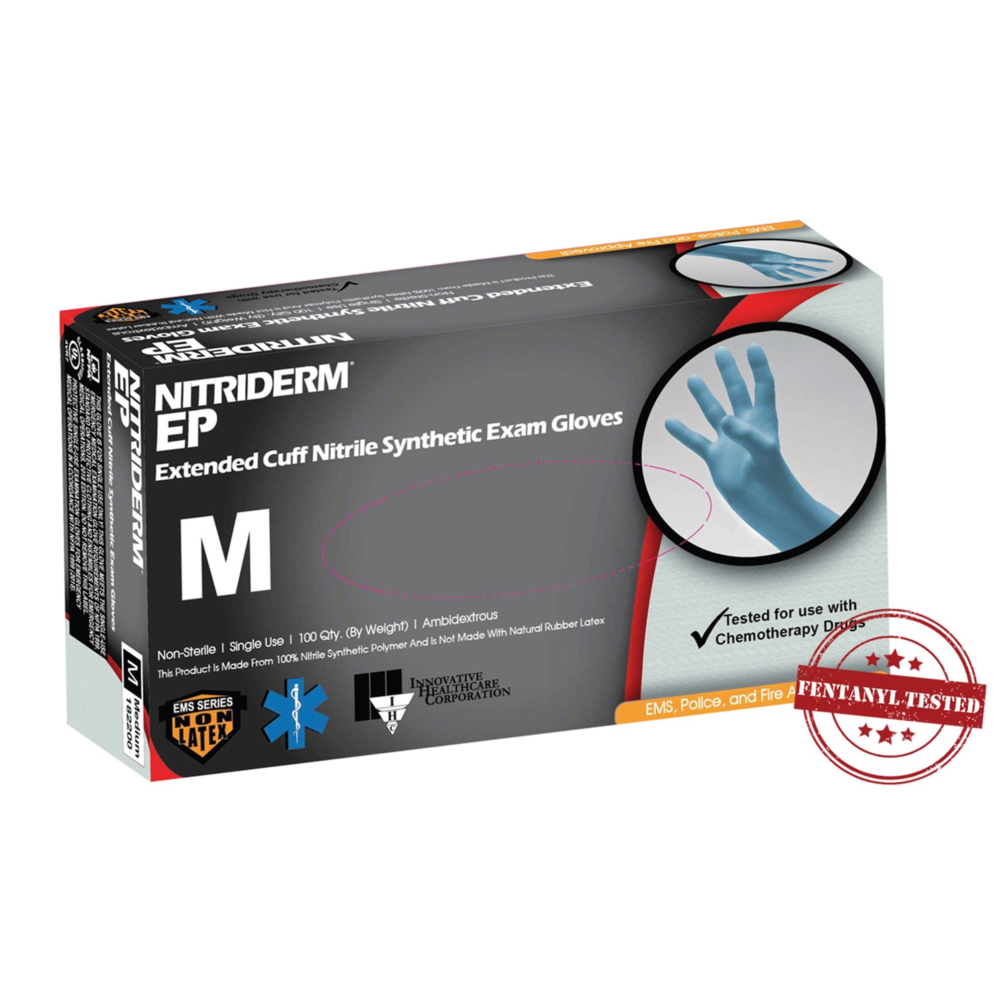 NitriDerm EP Nitrile Extended Cuff Length Exam Glove, Medium, Blue-Exam Glove NitriDerm EP Medium NonSterile Nitrile Extended Cuff Length Fully Textured Blue Chemo Tested / Fentanyl Tested