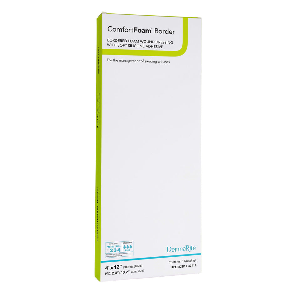 ComfortFoam� Border Silicone Adhesive with Border Silicone Foam Dressing, 4 x 12 Inch-Foam Dressing ComfortFoam� Border 4 X 12 Inch With Border Waterproof Backing Silicone Adhesive Rectangle Sterile