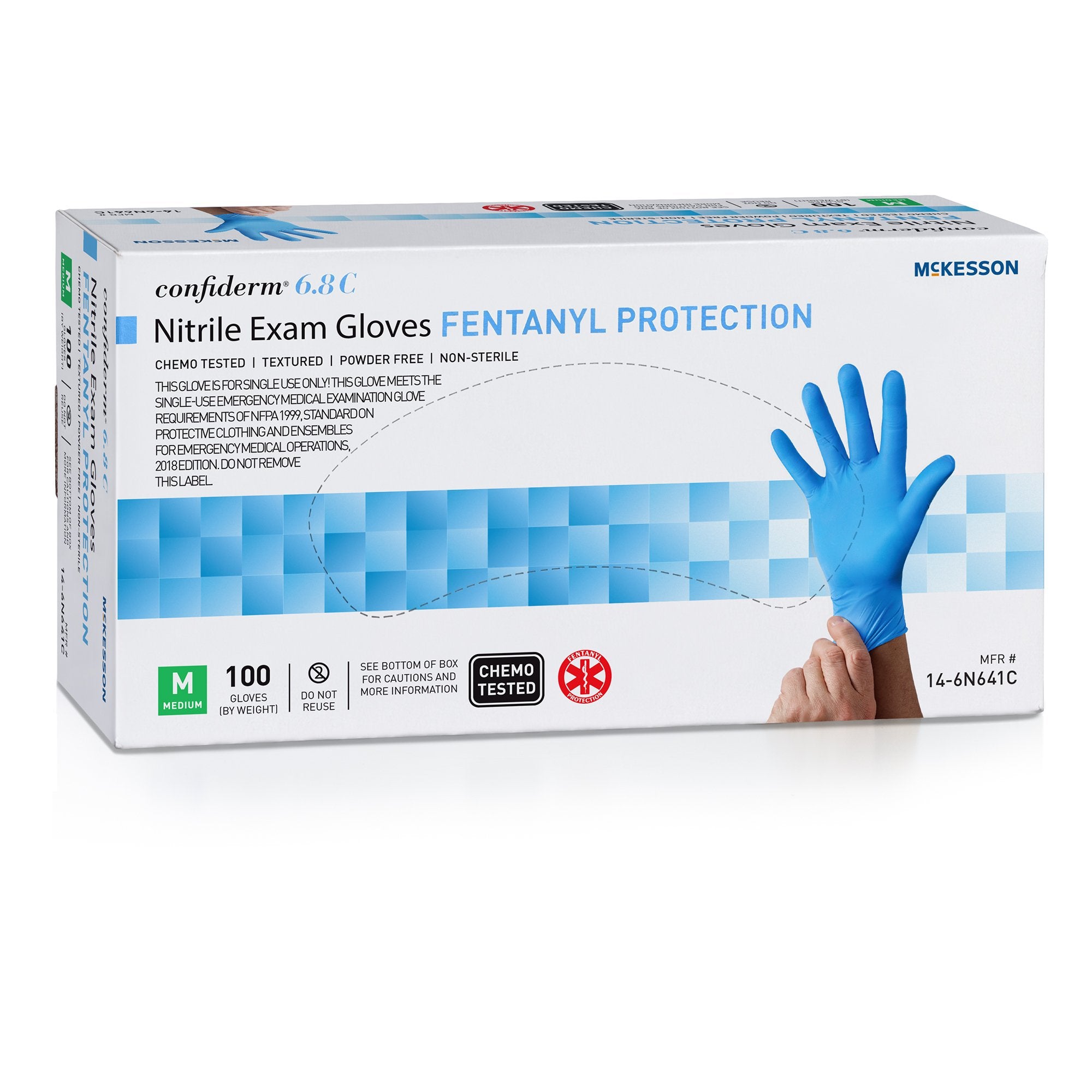 McKesson Confiderm 6.8C Nitrile Exam Glove, Medium, Blue-Exam Glove McKesson Confiderm 6.8C Medium NonSterile Nitrile Standard Cuff Length Fully Textured Blue Chemo Tested / Fentanyl Tested