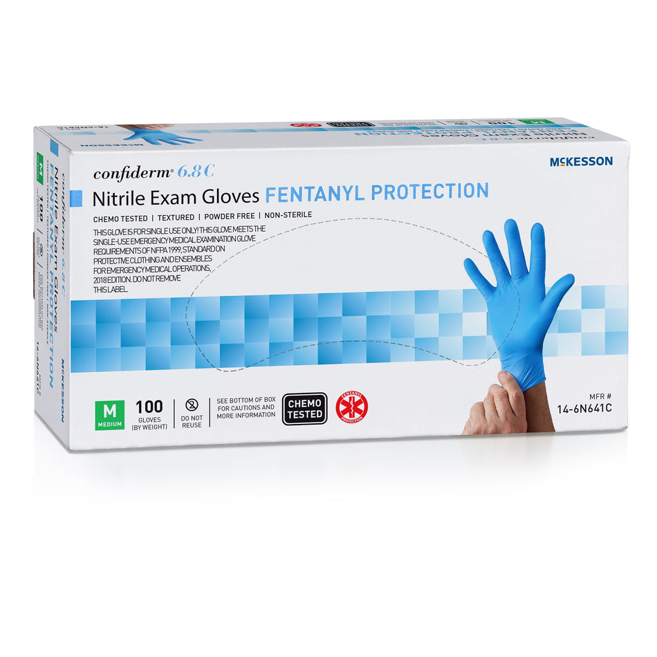 McKesson Confiderm 6.8C Nitrile Exam Glove, Medium, Blue-Exam Glove McKesson Confiderm 6.8C Medium NonSterile Nitrile Standard Cuff Length Fully Textured Blue Chemo Tested / Fentanyl Tested