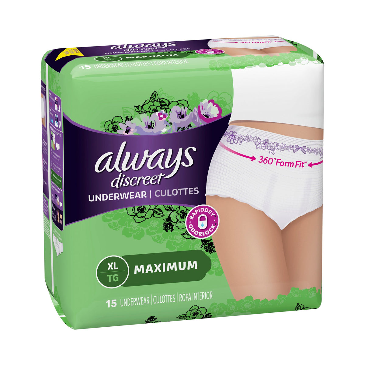 Always Discreet Maximum Absorbent Underwear, Extra Large-Female Adult Absorbent Underwear Always Discreet Pull On with Tear Away Seams X-Large Disposable Heavy Absorbency