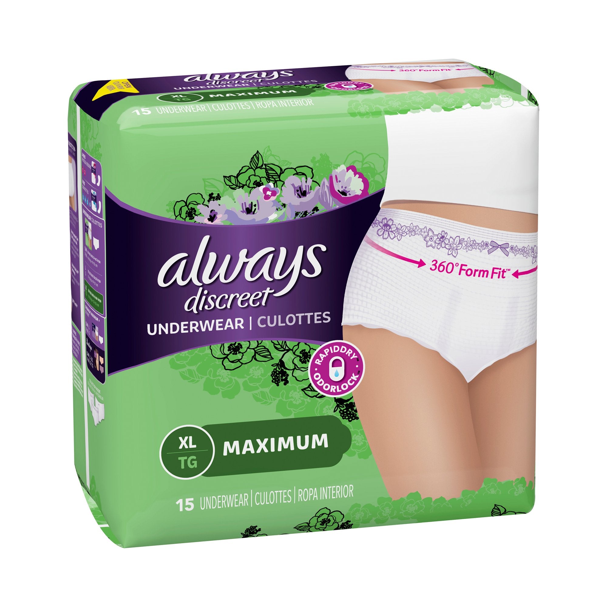Always Discreet Maximum Absorbent Underwear, Extra Large-Female Adult Absorbent Underwear Always Discreet Pull On with Tear Away Seams X-Large Disposable Heavy Absorbency