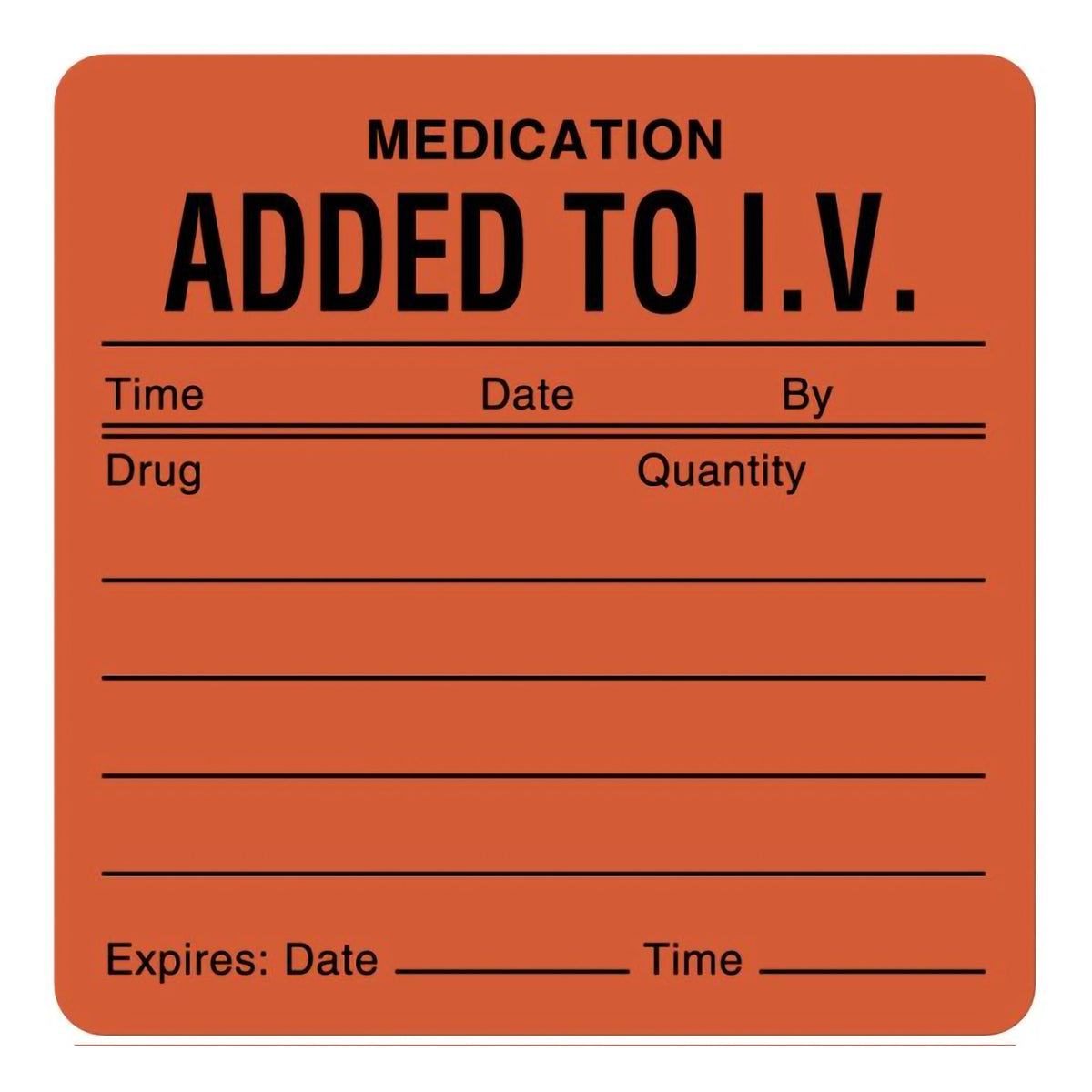 UAL Pre-Printed "Medication Added to I.V." Label, 2.5 x 2.5 Inch-Pre-Printed Label UAL Auxiliary Label Fluorescent Red Paper Added To I/V. Tme_Date_By_ Black Medication Instruction 2-1/2 X 2-1/2 Inch