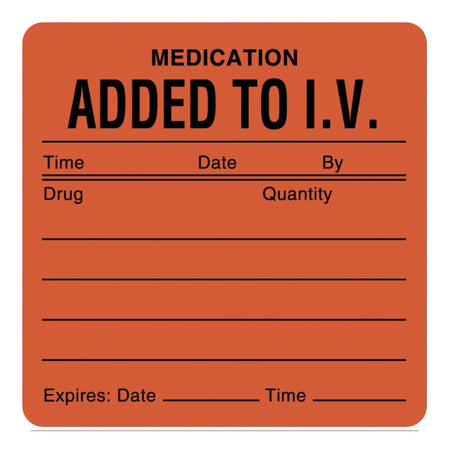 UAL Pre-Printed "Medication Added to I.V." Label, 2.5 x 2.5 Inch-Pre-Printed Label UAL Auxiliary Label Fluorescent Red Paper Added To I/V. Tme_Date_By_ Black Medication Instruction 2-1/2 X 2-1/2 Inch