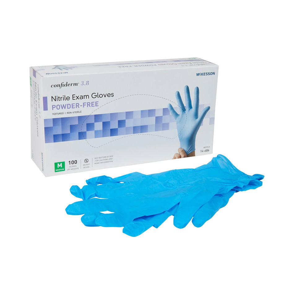 McKesson Confiderm 3.8 Nitrile Exam Glove, Medium, Blue-Exam Glove McKesson Confiderm 3.8 Medium NonSterile Nitrile Standard Cuff Length Textured Fingertips Blue Not Rated
