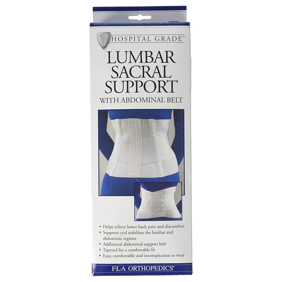 FLA Orthopedics Lumbar Sacral Support with Abdominal Belt, Small-Back Support FLA Orthopedics Standard Small Hook and Loop Closure 28 to 32 Inch Hip Circumference 10 Inch Height Adult