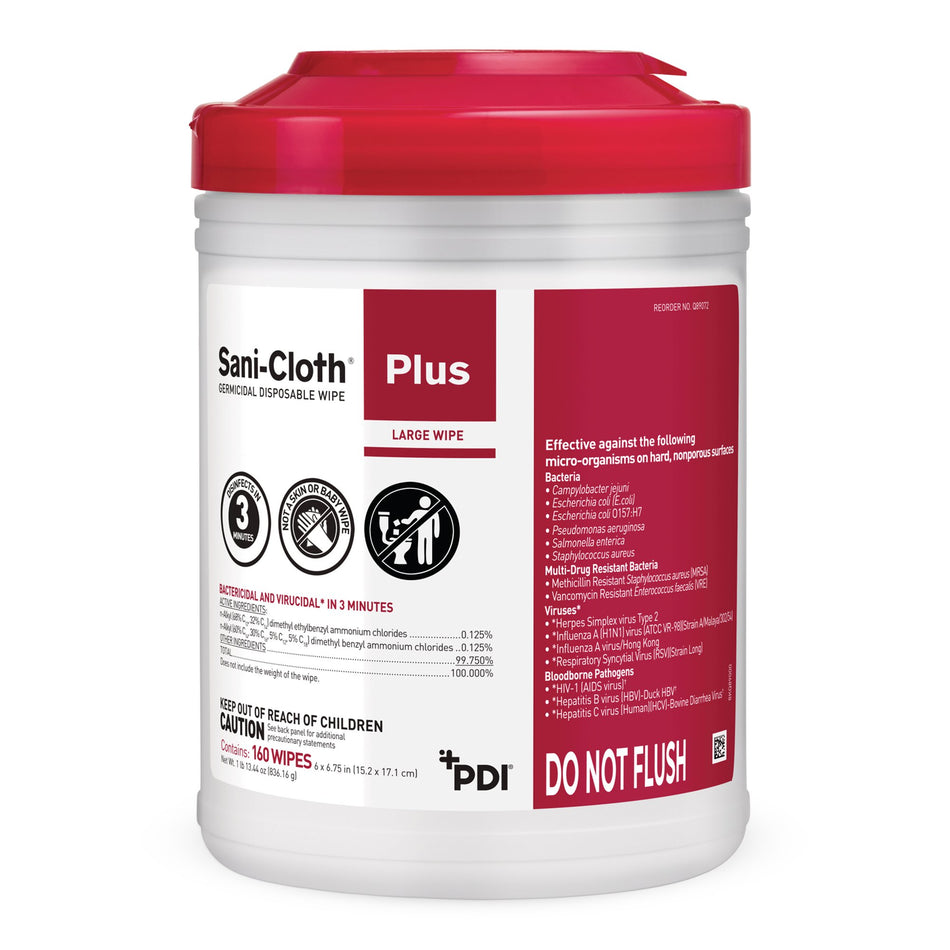 Sani-Cloth Plus Germicidal Wipe Disinfectant Cleaner, Non-Sterile Canister, 6 x 6 Inch-Sani-Cloth Plus Surface Disinfectant Cleaner Premoistened Germicidal Manual Pull Wipe 160 Count Canister Alcohol Scent NonSterile