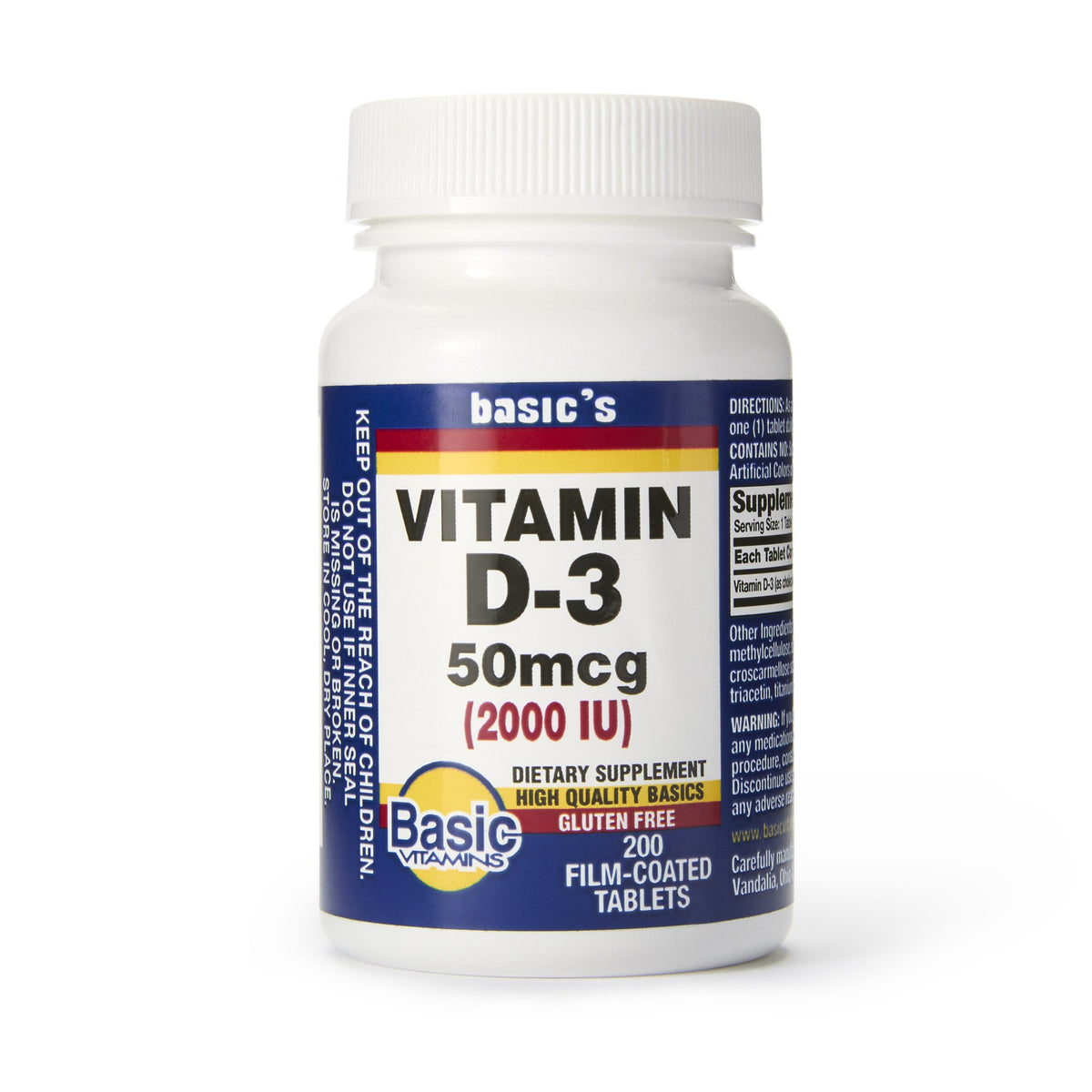 Basic's Vitamin D-3 Dietary Supplement-"Dietary Supplement Basic's Vitamin D3 2,000 IU Strength Tablet 200 per Bottle"