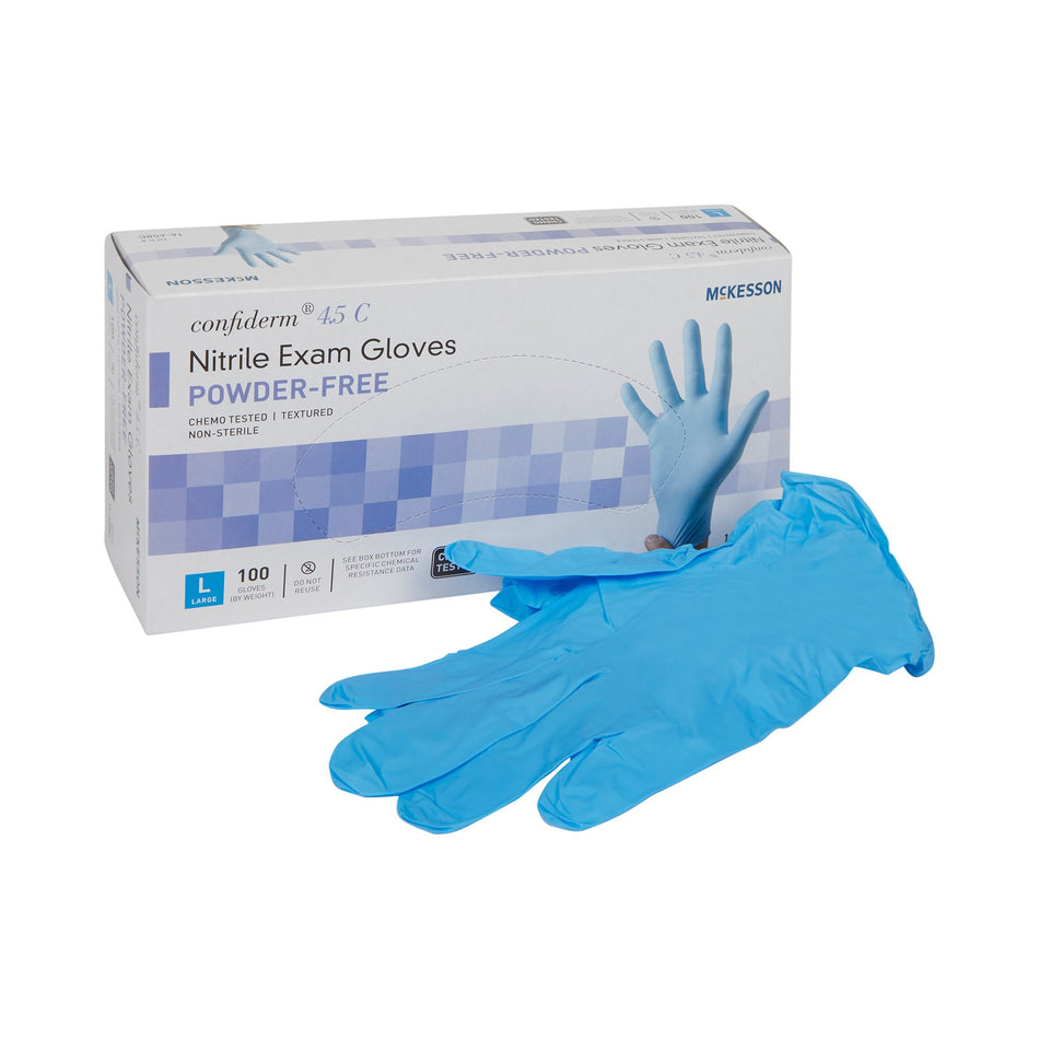 McKesson Confiderm 4.5C Nitrile Exam Glove, Large, Blue-Exam Glove McKesson Confiderm 4.5C Large NonSterile Nitrile Standard Cuff Length Textured Fingertips Blue Chemo Tested