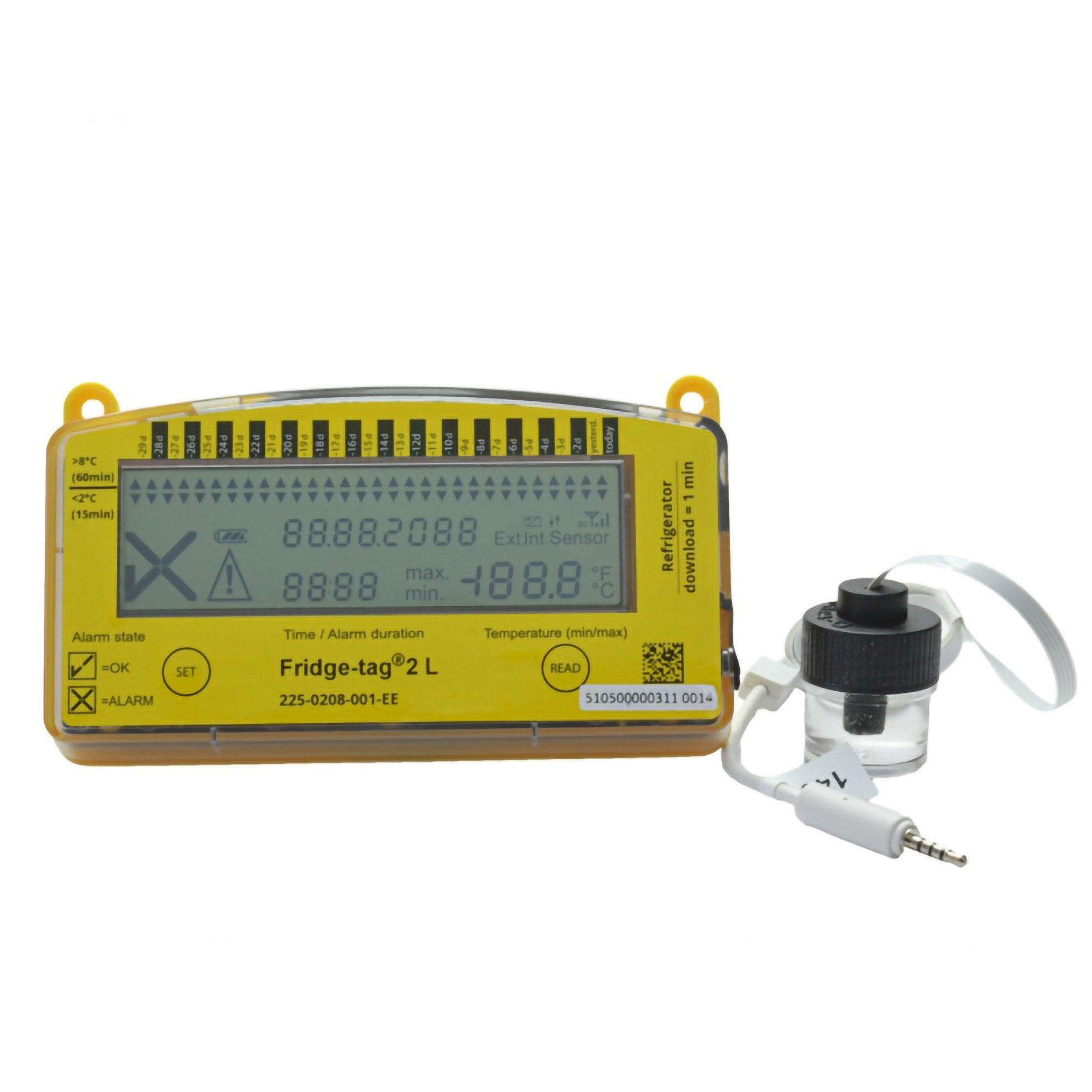 Fridge-tag 2L Refrigerator Vaccine Data Logger with Alarm-Refrigerator Vaccine Data Logger with Alarm Fridge-tag 2L Fahrenheit / Celsius -22 to +131F (-30 to +55C) Glycol Bottle Probe Battery Operated
