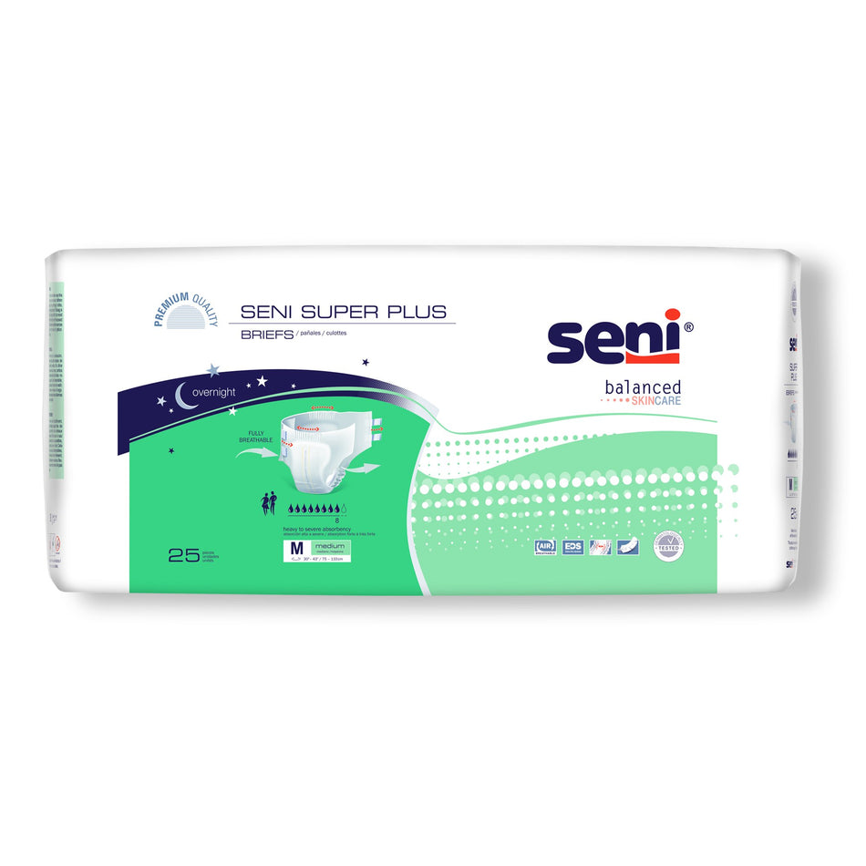 Seni Super Plus Overnight Heavy to Severe Absorbency Incontinence Brief, Medium-Unisex Adult Incontinence Brief Seni Super Plus Medium Disposable Heavy Absorbency