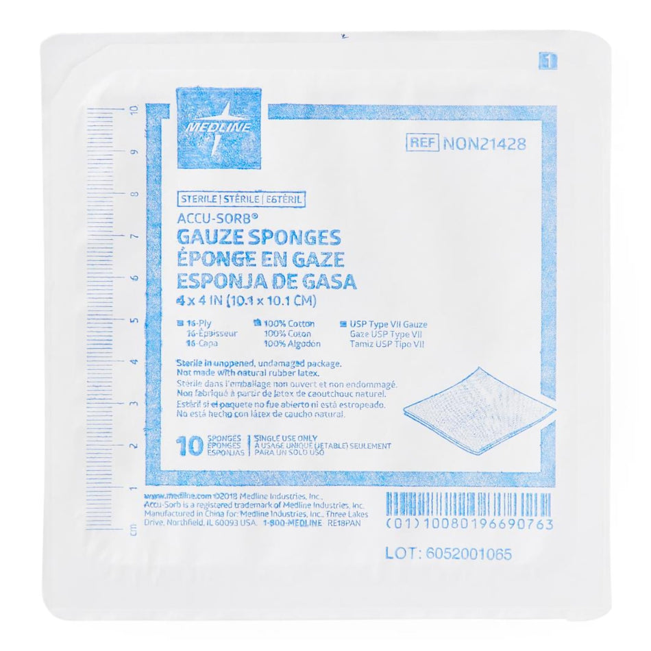 Sterile USP Type VII Gauze Sponge, 4 x 4 Inch, 16-Ply-Gauze Sponge Medline 4 X 4 Inch 16-Ply Sterile 10 per Tray