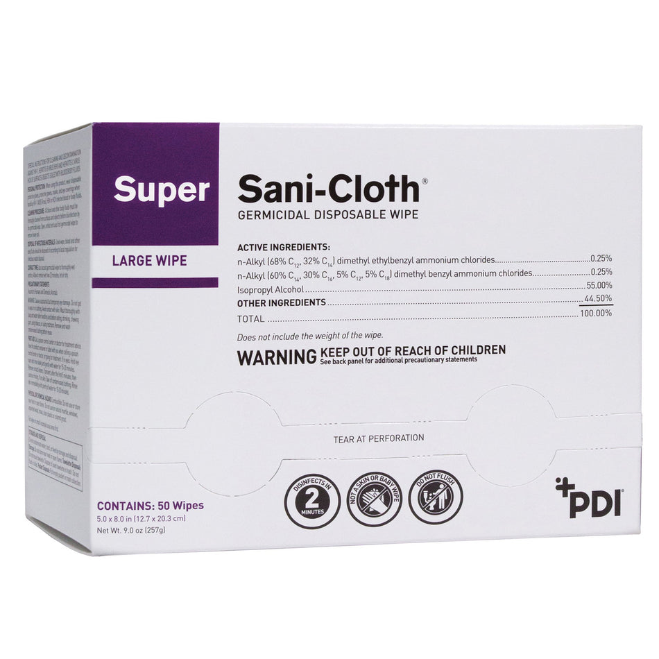 Super Sani-Cloth Large Germicidal Disinfectant Wipes, Individual Packets, 50 ct.-Super Sani-Cloth Surface Disinfectant Cleaner Premoistened Germicidal Manual Pull Wipe 50 Count Individual Packet Alcohol Scent NonSterile