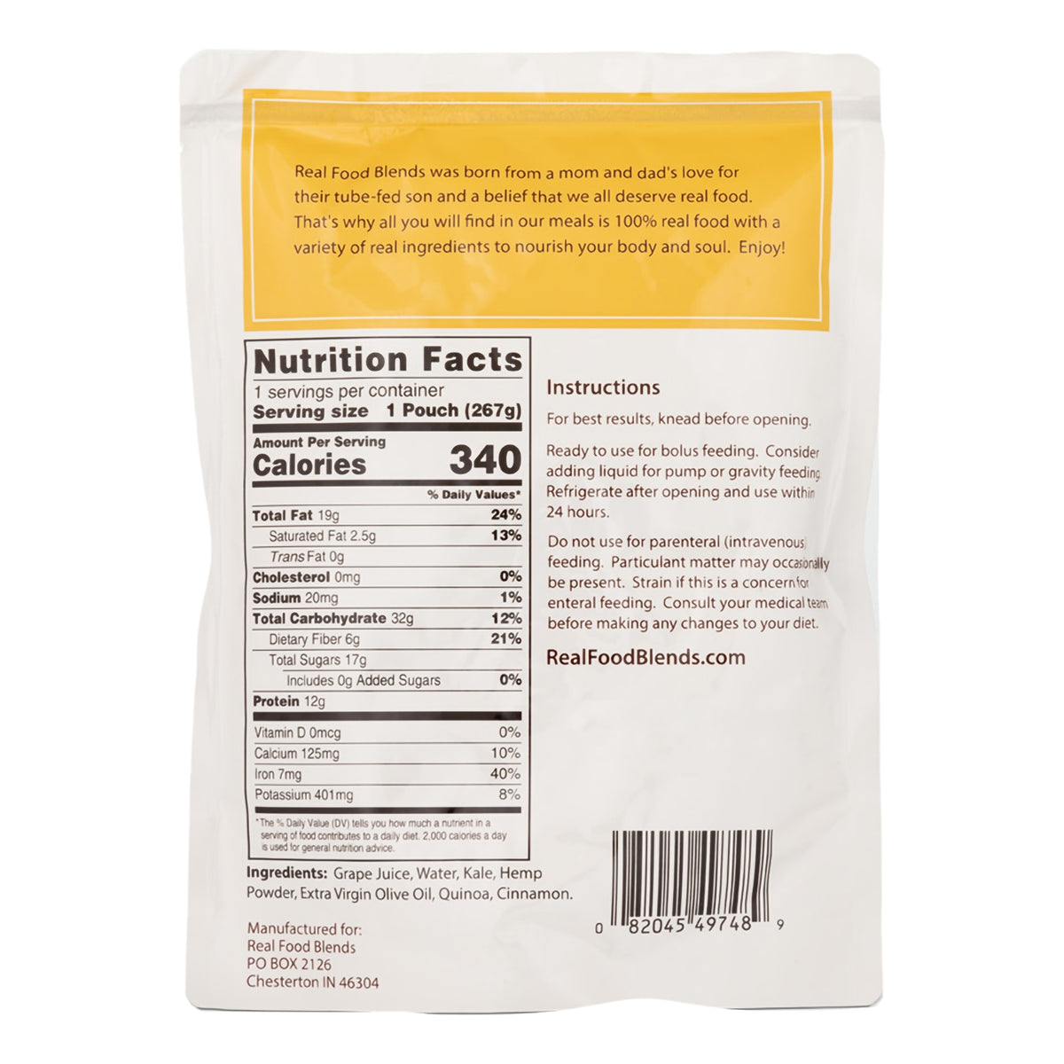 Real Food Blends™ Quinoa, Kale & Hemp Pureed Food Blend for Tube Feed, 9.4-ounce - Nutritionals and Feeding Supplies>Nutri...